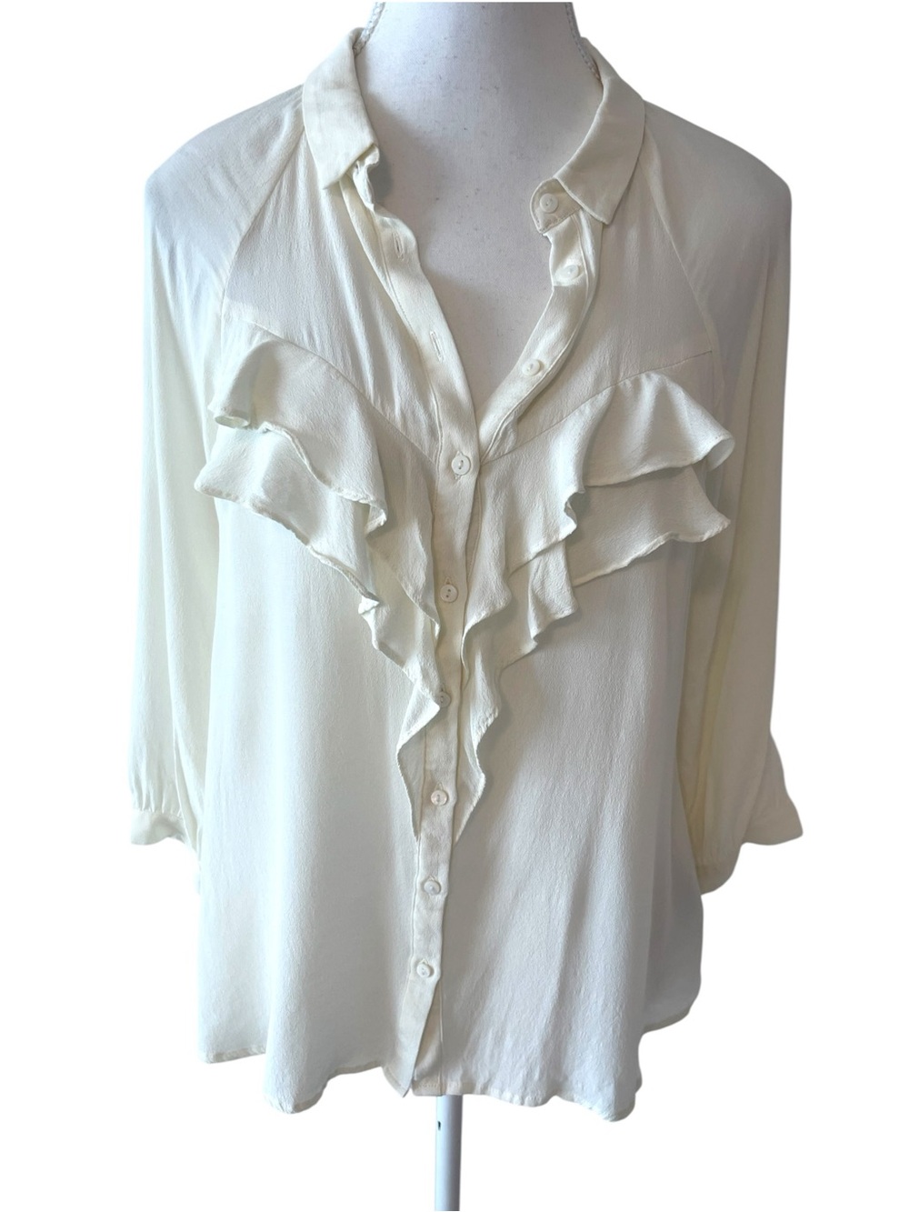 Women's Off-White Ruffle Front Button-Down Blouse 3/4 Sleeves Lace Back Size 6
